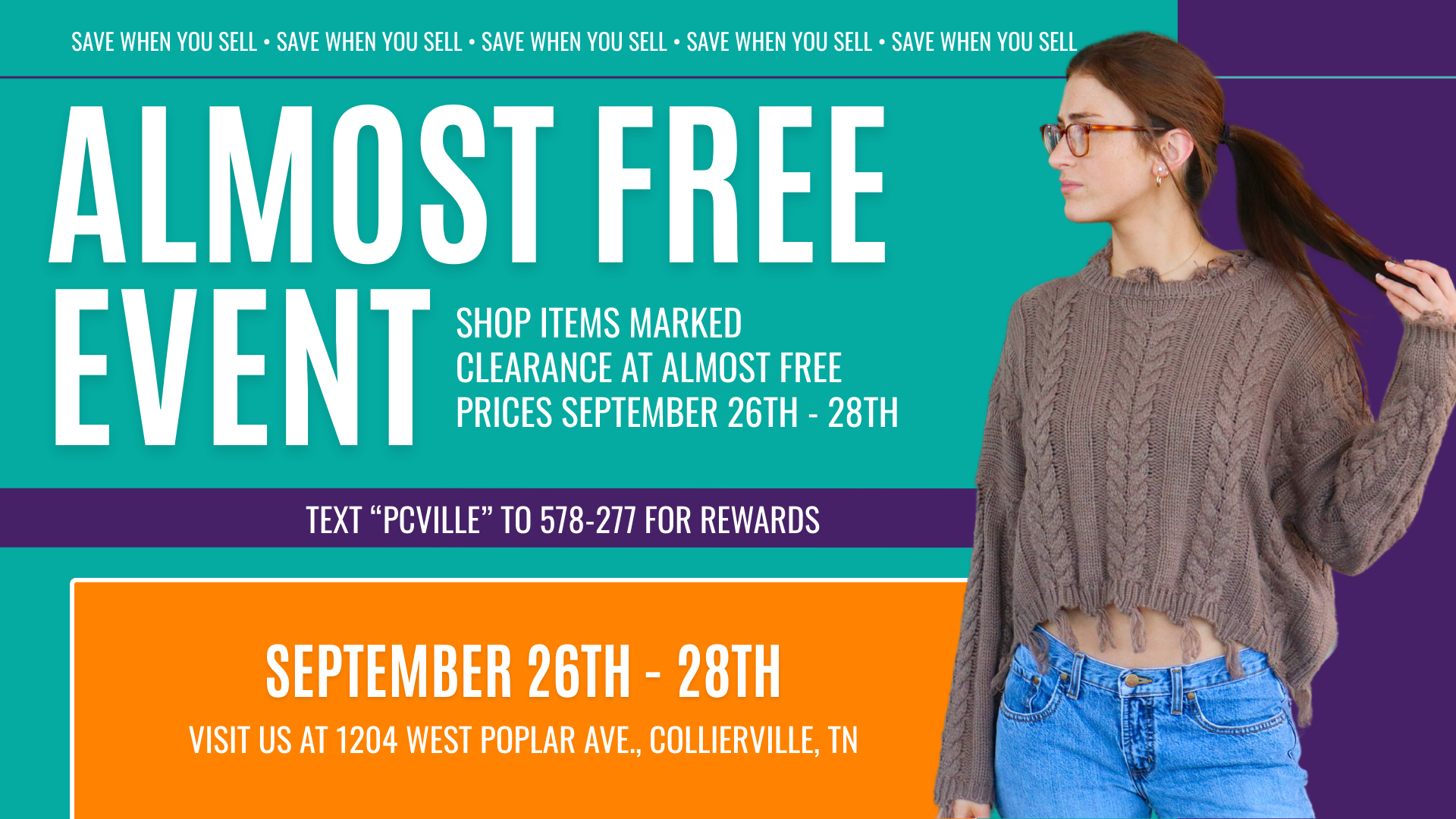 Shoppers browsing clearance racks at Plato’s Closet Collierville during Almost Free Event , finding sweaters, jeans, jackets, shoes, and other name-brand items marked clearance at 90% off.